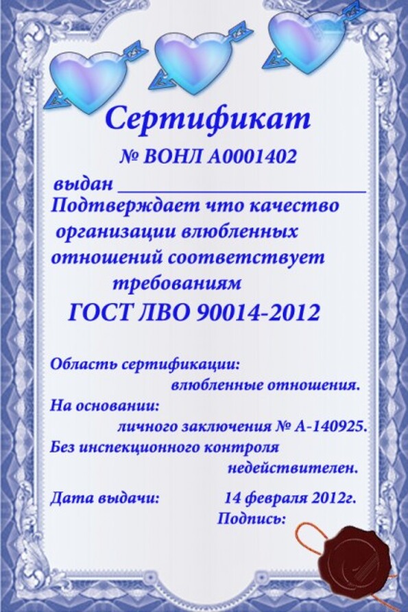 Подарок для пары сертификат
